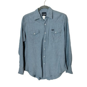 Wrangler Mens Cowboy Cut Pearl Snap Blue Chambray Work Shirt Long Sleeve 16.5x35